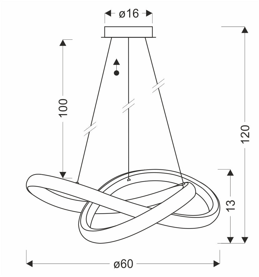 Schéma de dimensions du luminaire avec hauteur, diamètre et réglage des câbles