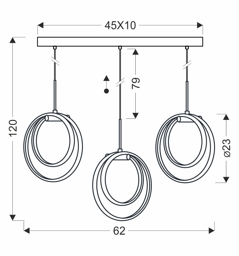 Schéma coté du luminaire : largeur 62 cm, hauteur 120 cm, anneaux de 23 cm