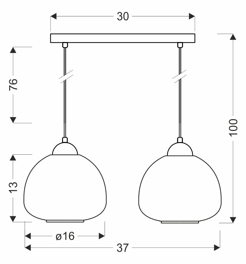 Schéma de dimensions du luminaire avec largeur 37 cm, hauteur 100 cm et diffuseurs.
