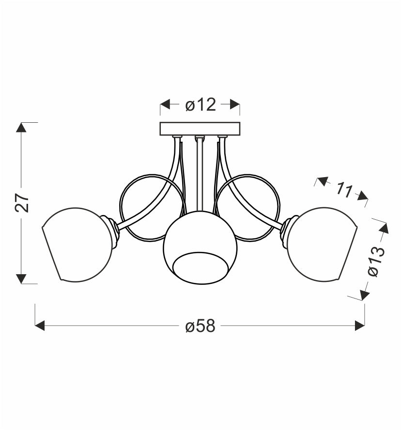 Schéma technique coté du plafonnier : diamètre 58 cm, hauteur 27 cm, globes 13 cm.