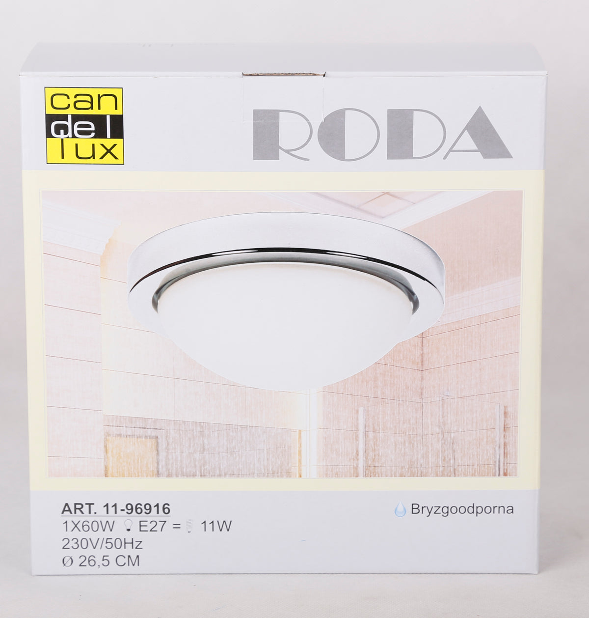 Boîte d'emballage du luminaire avec visuel produit et caractéristiques techniques.