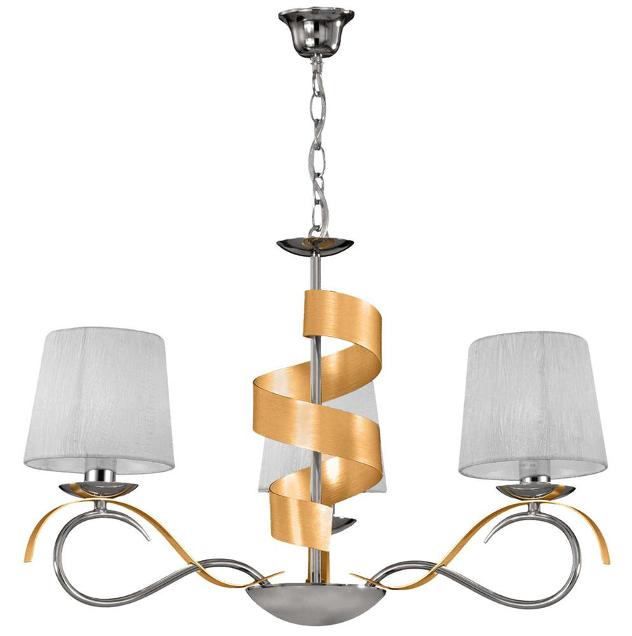 Suspension trois lumières vue de face sur fond blanc, abat-jours en tissu et ruban doré