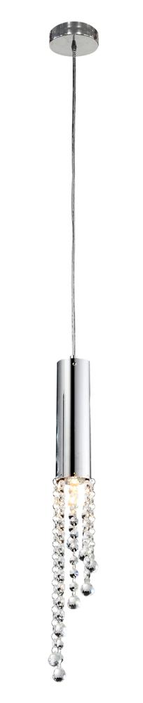Suspension chromée avec cylindre et cascade de cristaux, produit isolé sur fond blanc