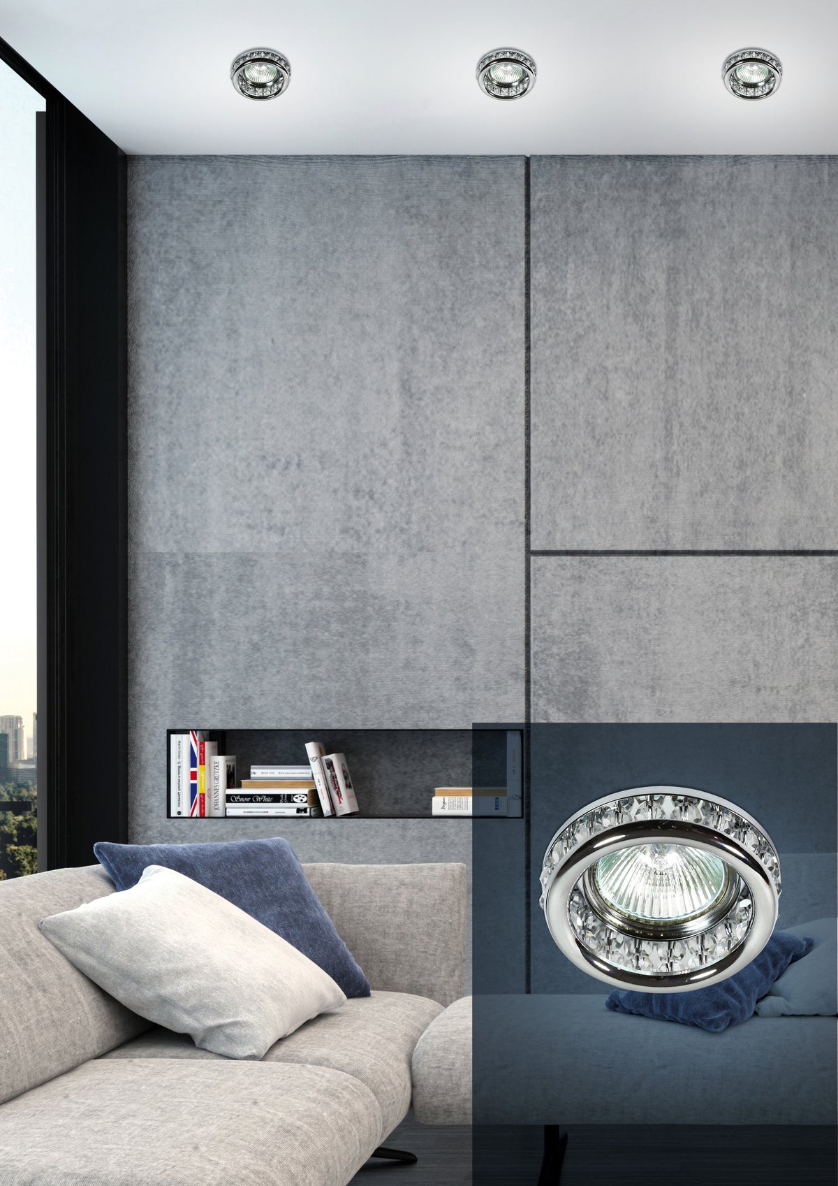 Mise en ambiance d'un salon gris avec trois spots encastrés au plafond et zoom produit