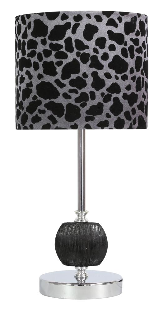 Lampe à poser léopard noire et grise de face avec base boule sombre