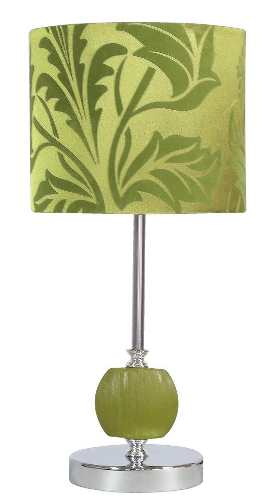 Lampe à poser verte de face, abat-jour feuillage et base boule vert olive