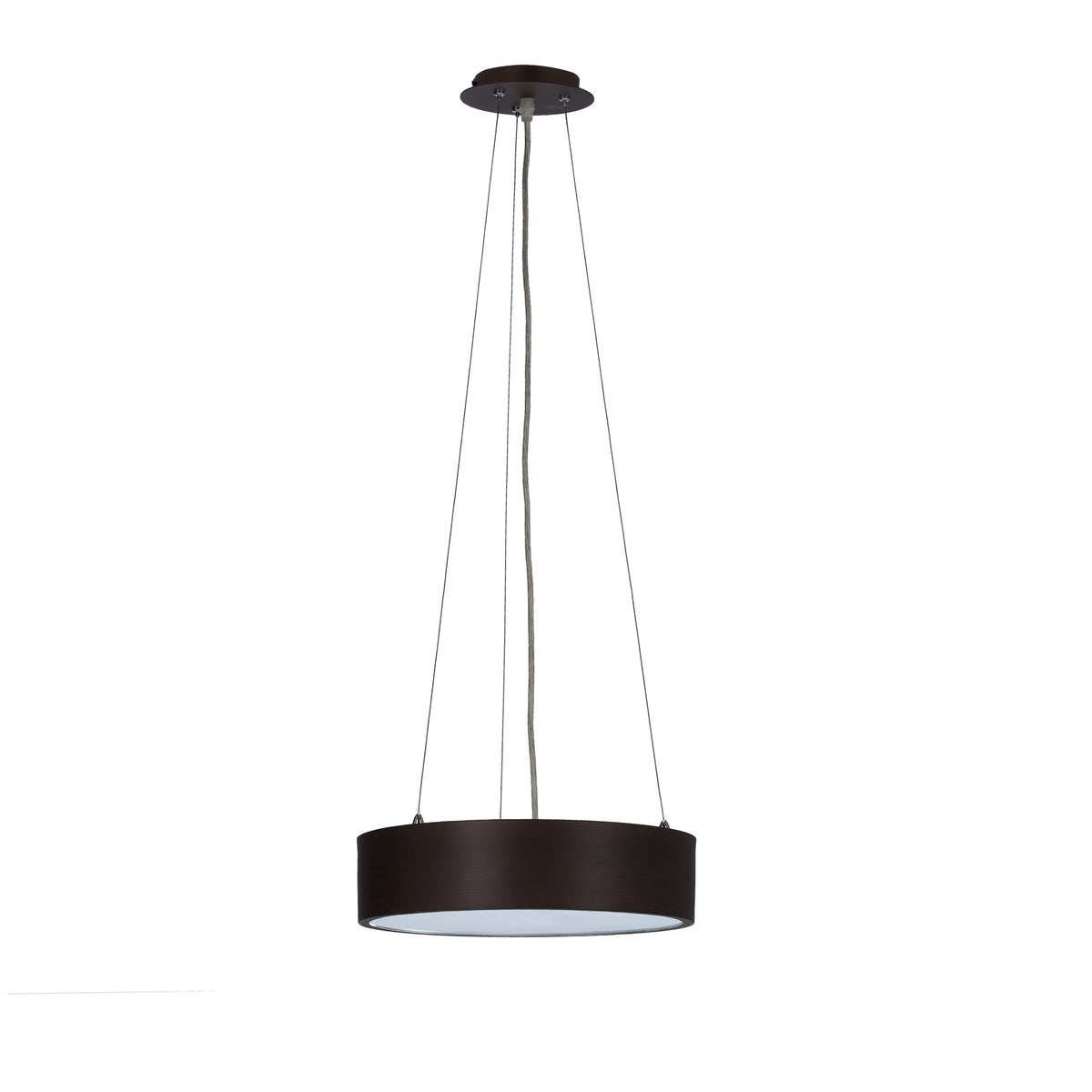 Vue du luminaire sur fond blanc, montrant l'abat-jour cylindrique et ses suspensions.