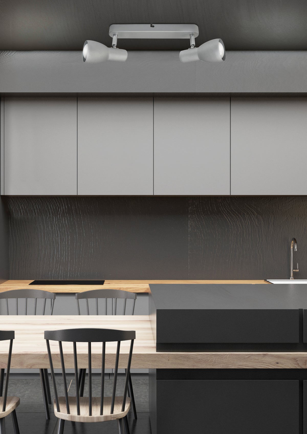 Luminaire installé au plafond d'une cuisine moderne avec meubles gris et plan de travail en bois