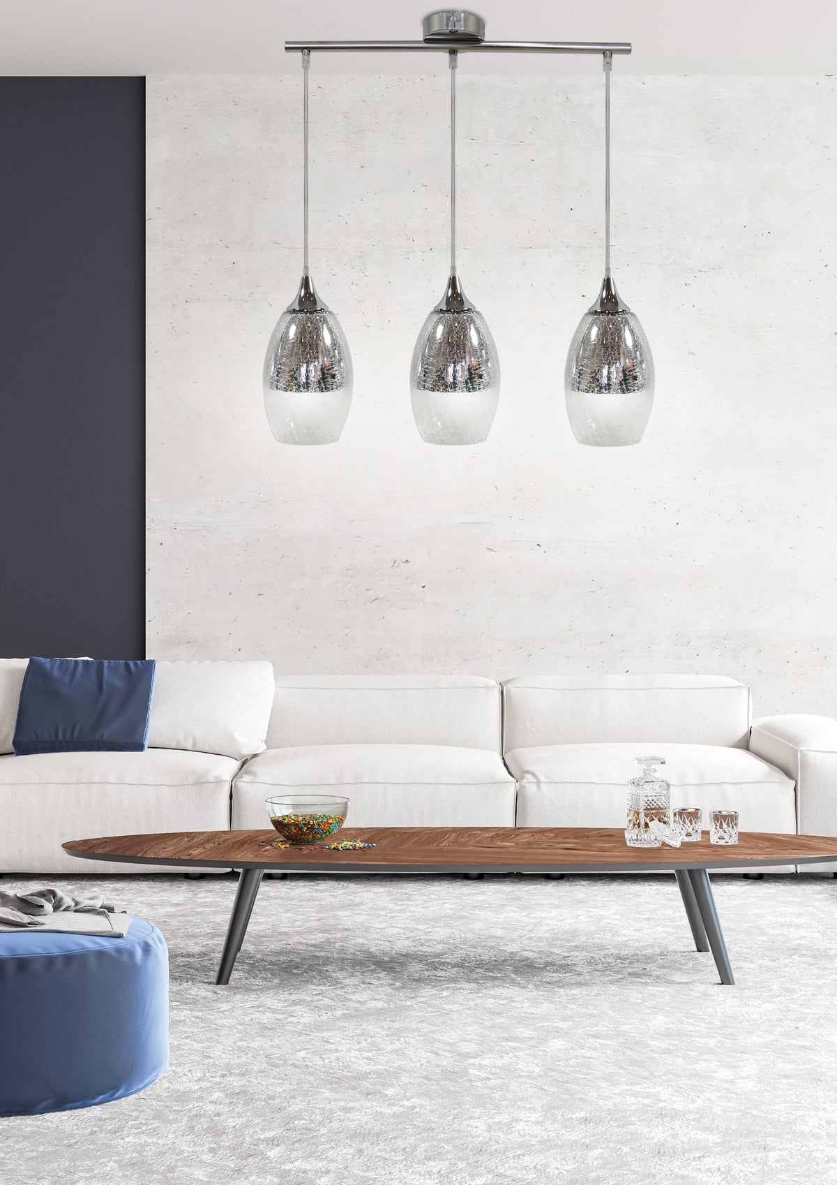 Mise en ambiance du luminaire suspendu au-dessus d'un salon moderne et clair