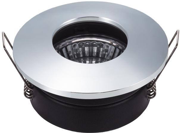 Spot encastrable rond vu de face, collerette chromée, verre strié et ressorts de fixation
