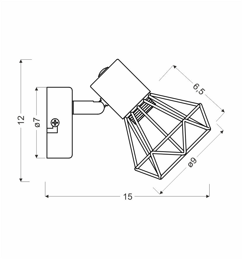 Schéma de dimensions coté en centimètres de l'applique murale et de sa cage.