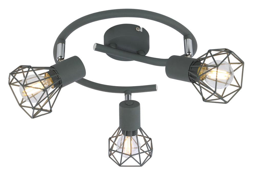 Vue de face du plafonnier trois lumières gris mat avec cages métalliques.