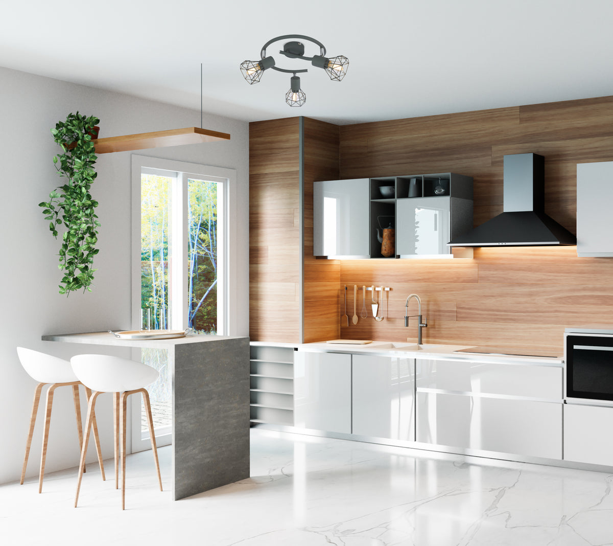 Mise en situation du plafonnier dans une cuisine moderne en bois clair avec îlot central.