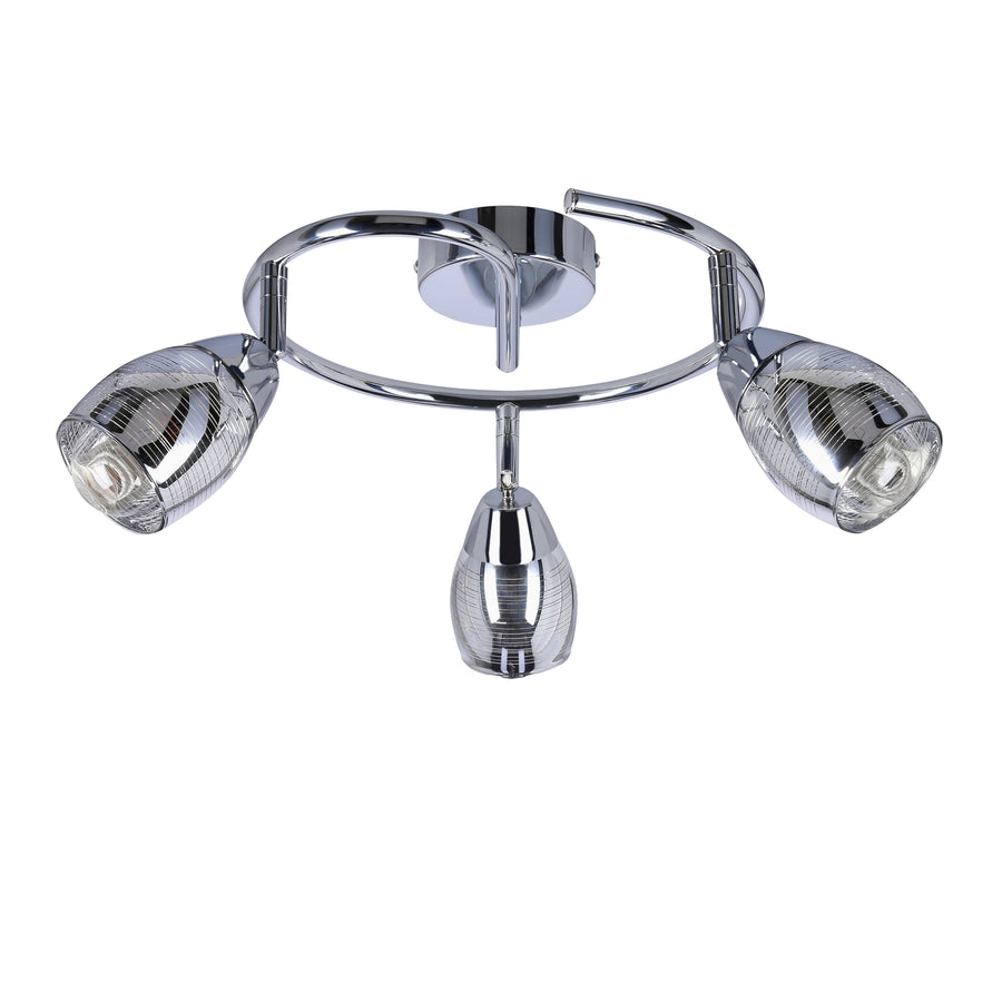 Vue en plongée du luminaire, détaillant la bague chromée et les trois projecteurs en verre.