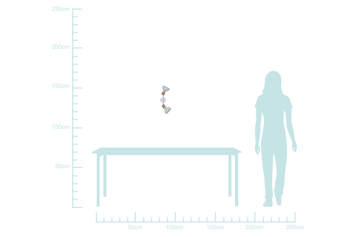 Schéma de dimensions du luminaire avec repères en centimètres et silhouette humaine pour l'échelle
