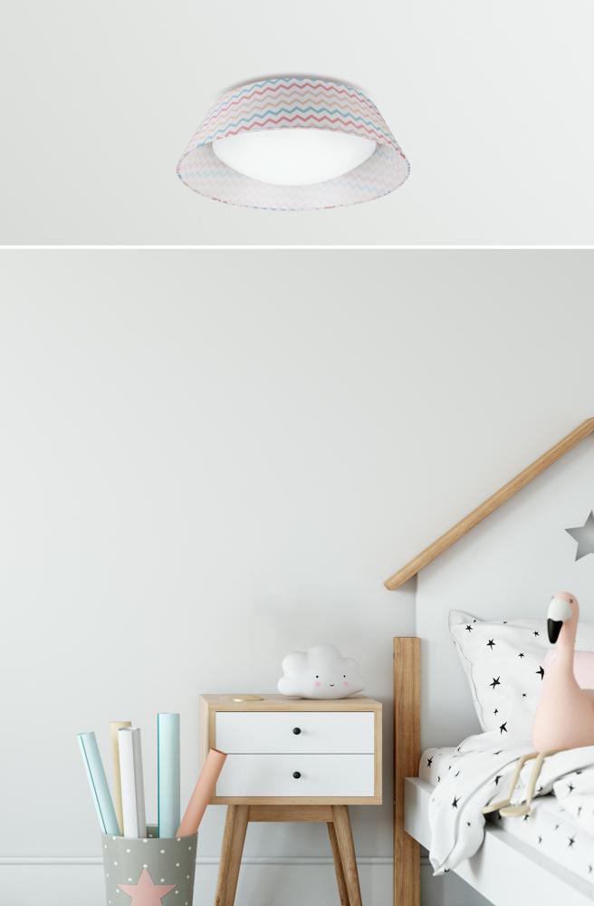 Mise en ambiance du plafonnier allumé au plafond d'une chambre d'enfant pastel