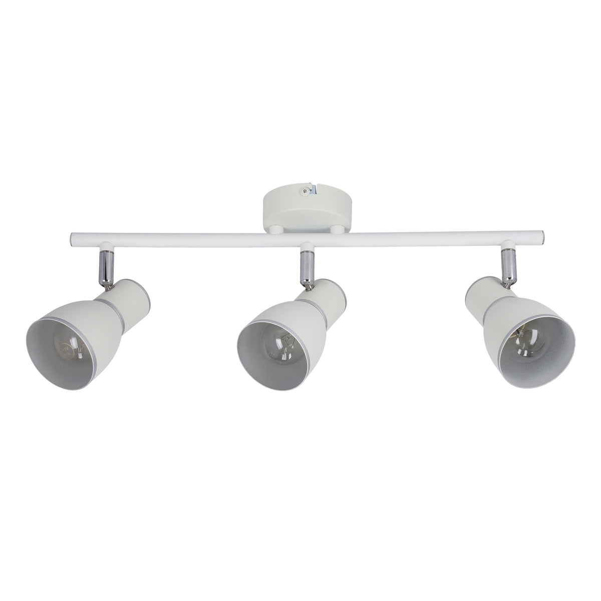 Vue rapprochée montrant les trois têtes coniques blanches et leurs supports chromés orientables