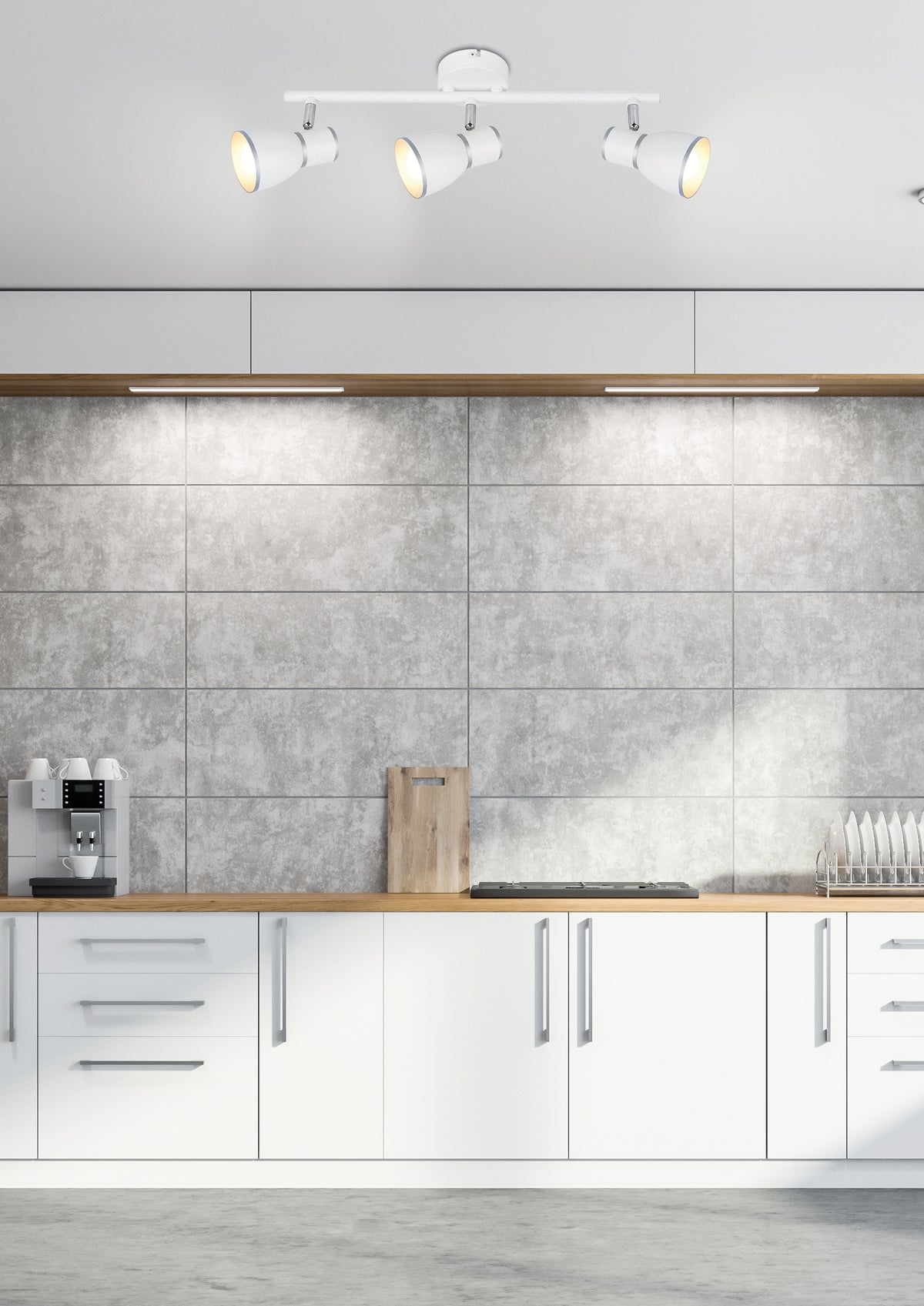 Mise en ambiance du luminaire fixé au plafond d'une cuisine moderne aux façades blanches