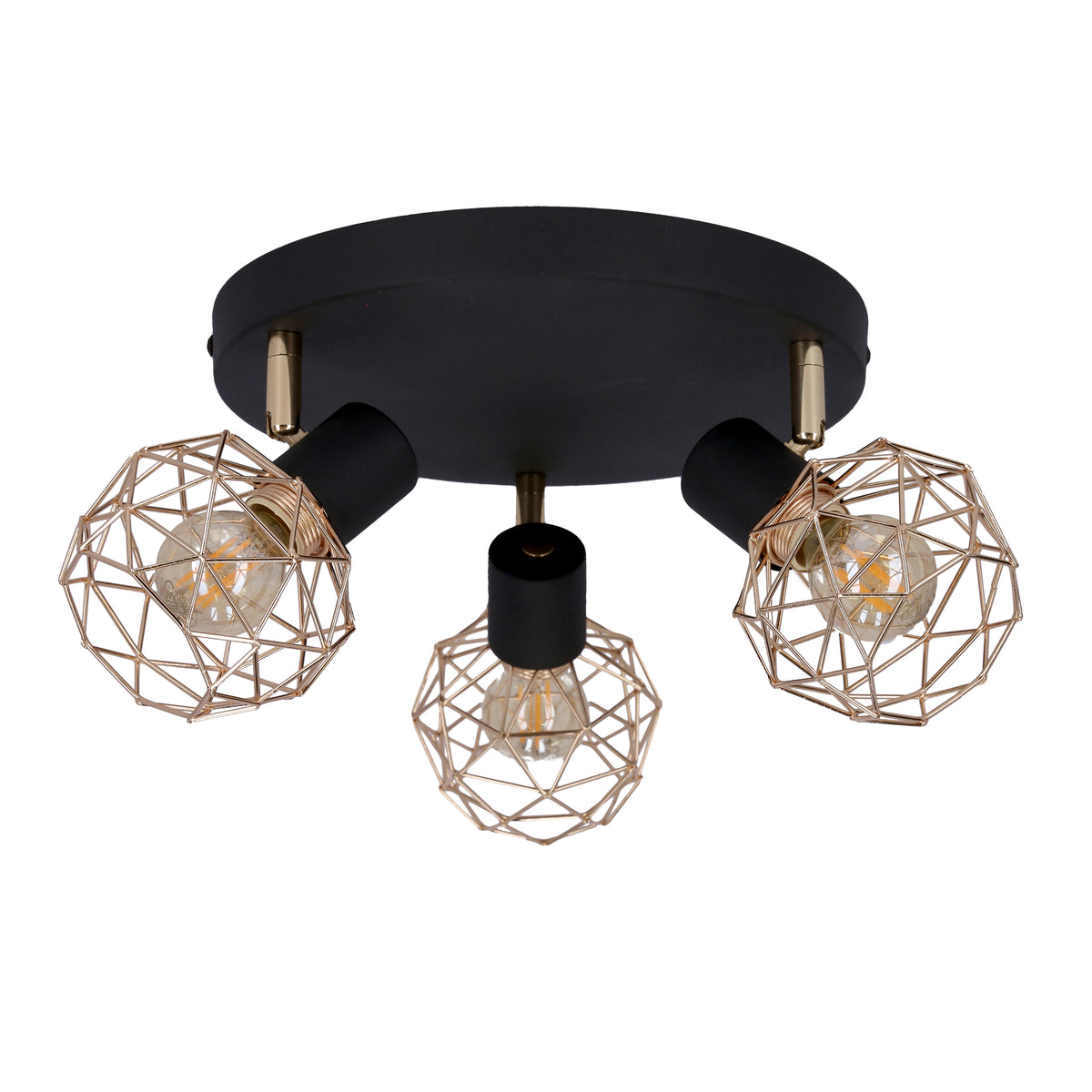 Vue plongeante du luminaire révélant les trois bras orientables et les ampoules apparentes