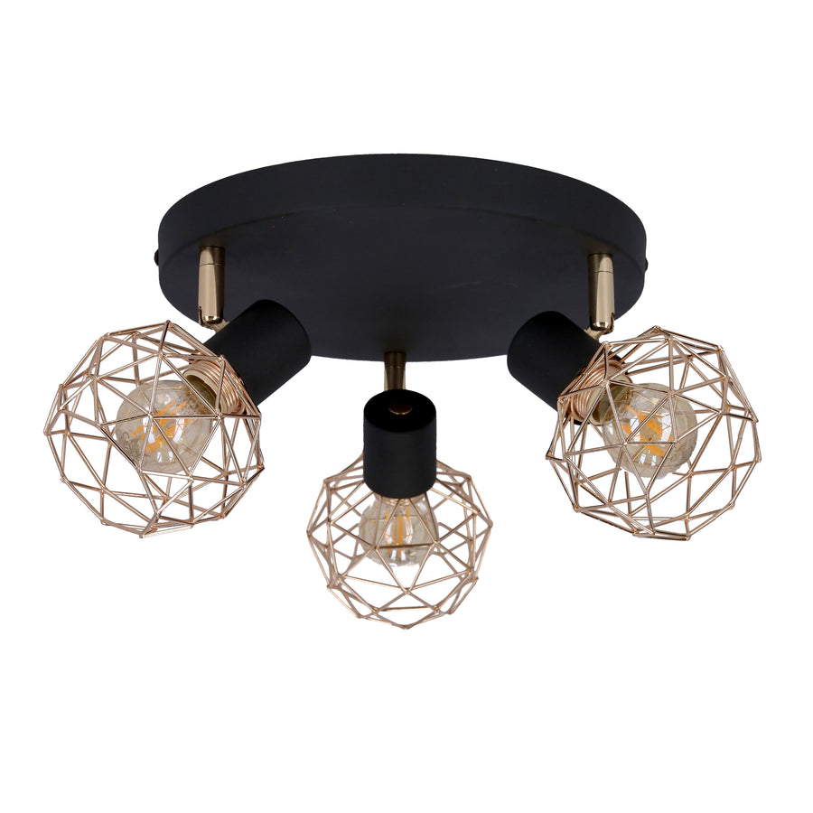 Vue plongeante du luminaire révélant les trois bras orientables et les ampoules apparentes