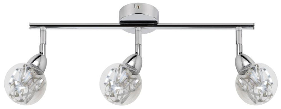 Plafonnier chromé trois spots orientables à globes en verre transparent, vue de face sur fond blanc