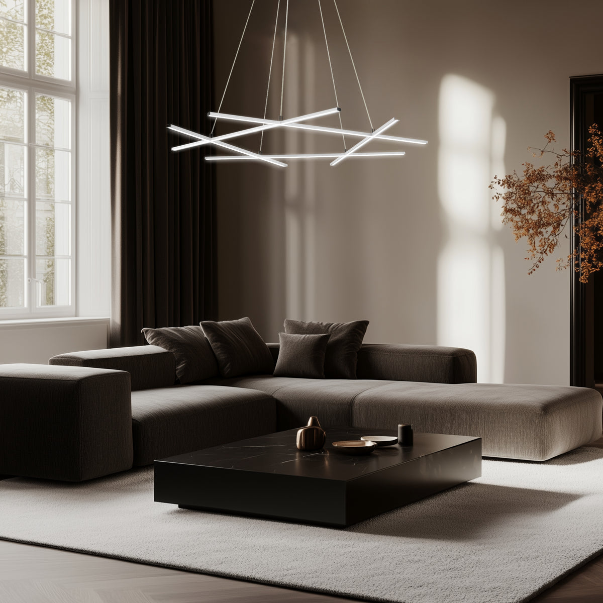 Suspension éclairée dans un salon moderne, ombres portées sur le mur