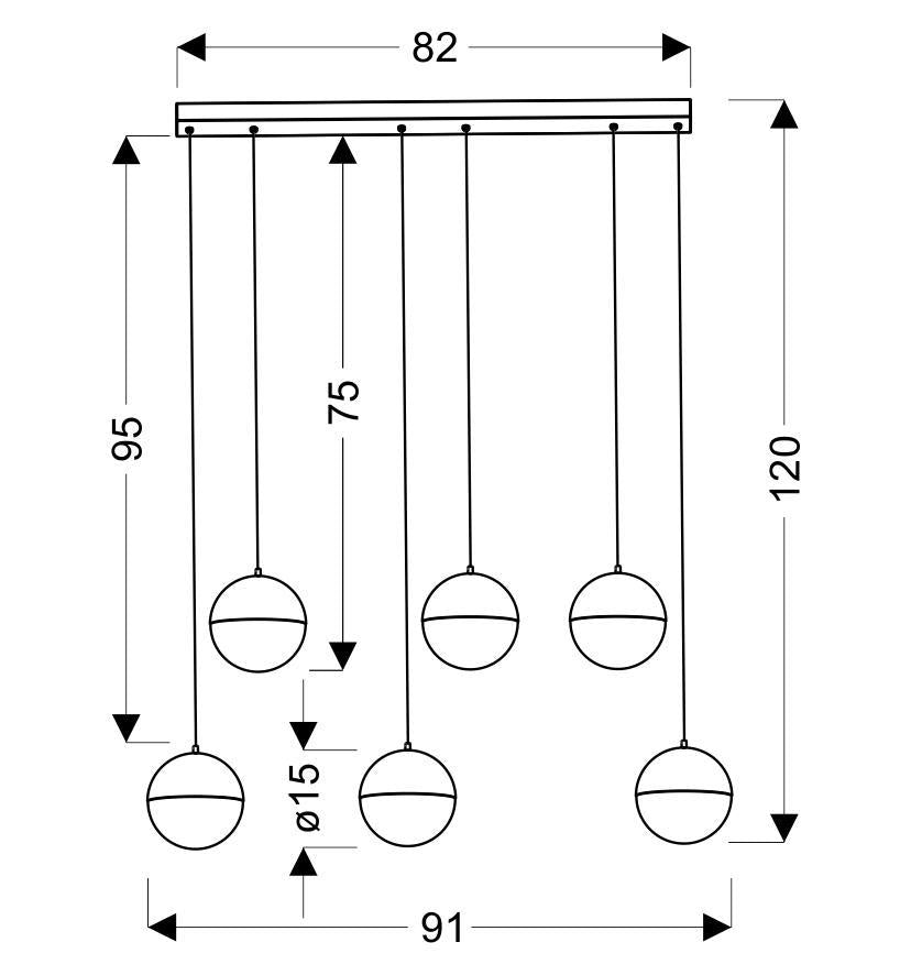 Schéma technique coté du lustre : largeur 82 cm, hauteur 120 cm, globes diamètre 15 cm.