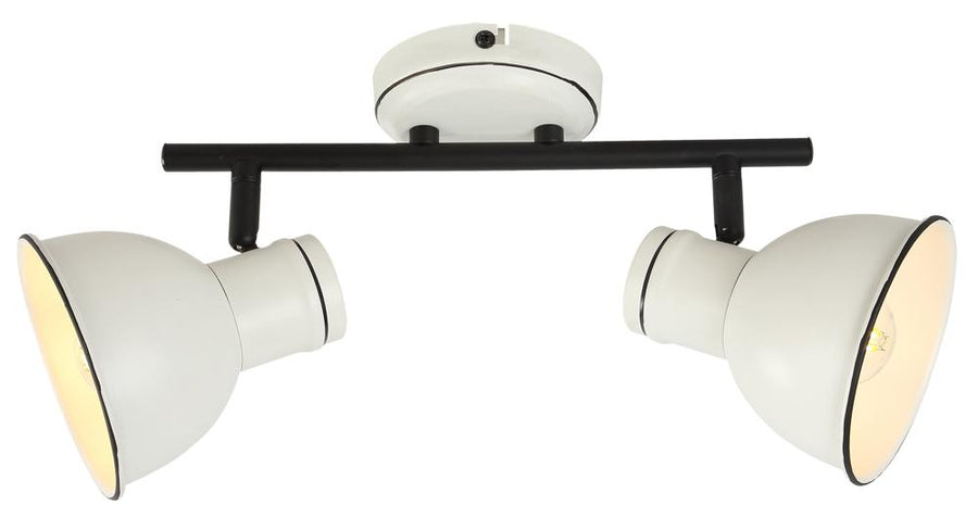 Plafonnier blanc à deux spots orientables sur rail noir, fond blanc