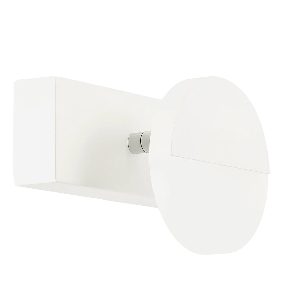 Vue de trois-quarts d'une applique murale blanche à socle rectangulaire et diffuseur rond.