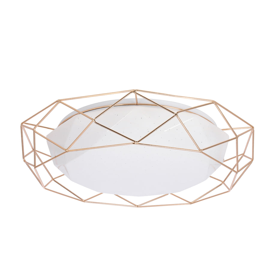 Plafonnier à cage géométrique en finition dorée et diffuseur blanc, présenté de face