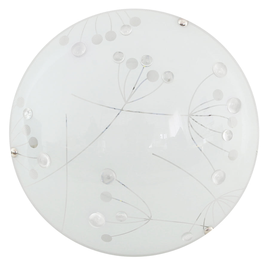 Vue de face du plafonnier rond en verre blanc, décor floral de bulles translucides