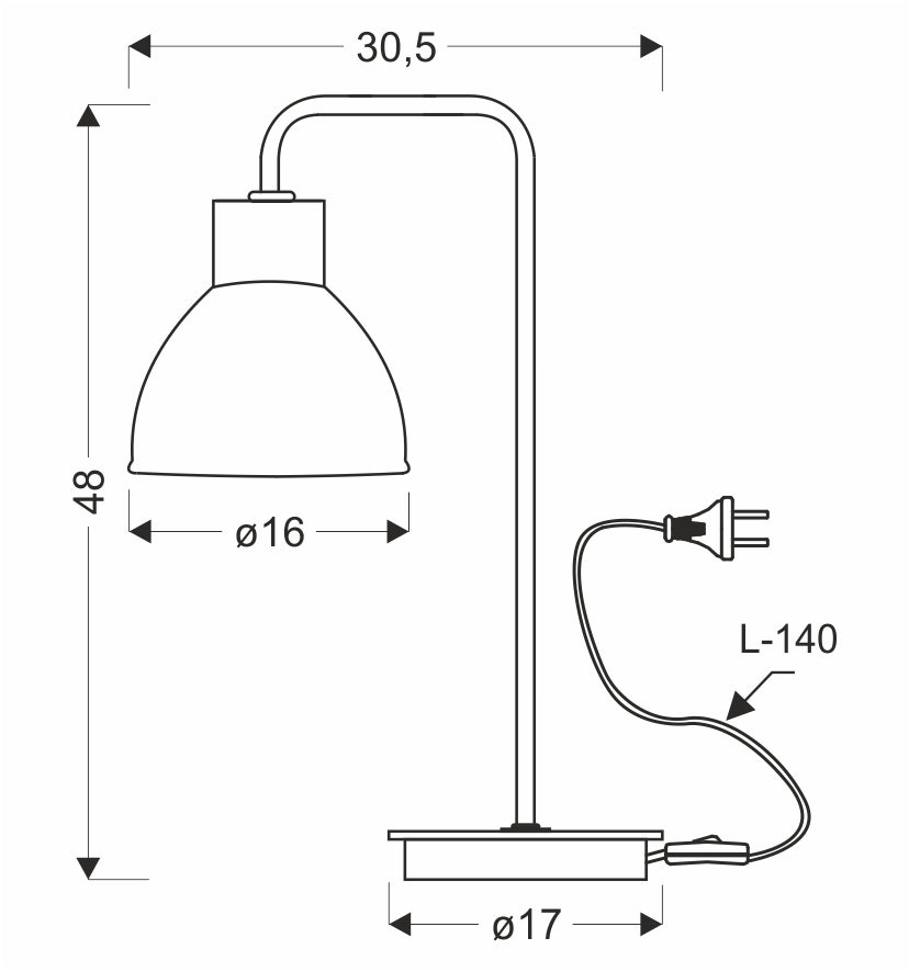 Schéma coté de la lampe : hauteur 48 cm, largeur 30,5 cm, abat-jour et base ø17 cm.