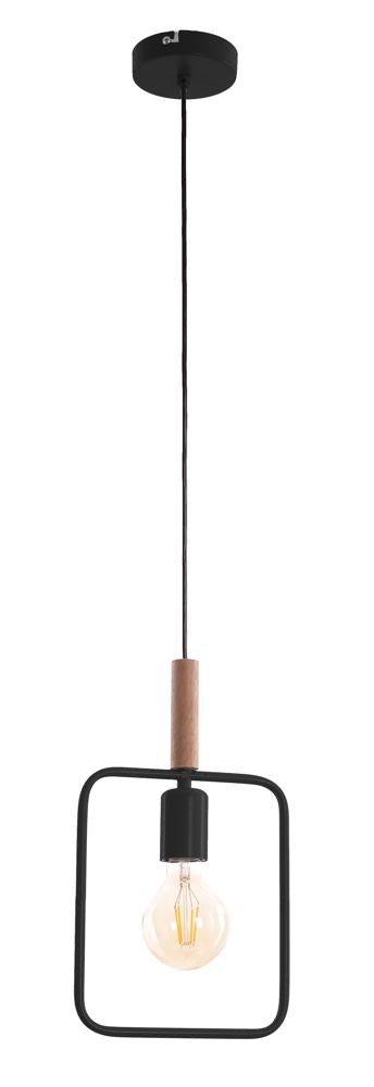 Suspension noire de face, cadre carré et douille en bois sur fond blanc