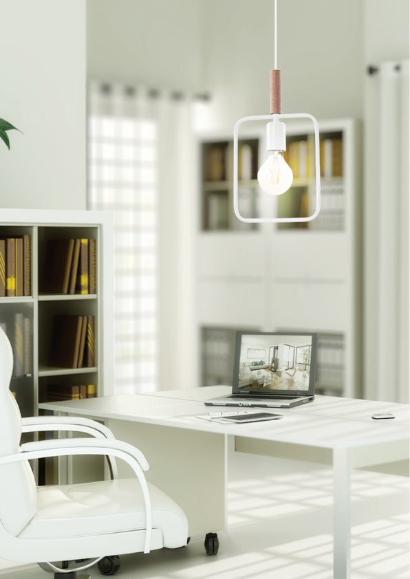 Mise en ambiance du luminaire suspendu au-dessus d'un bureau blanc dans un intérieur lumineux