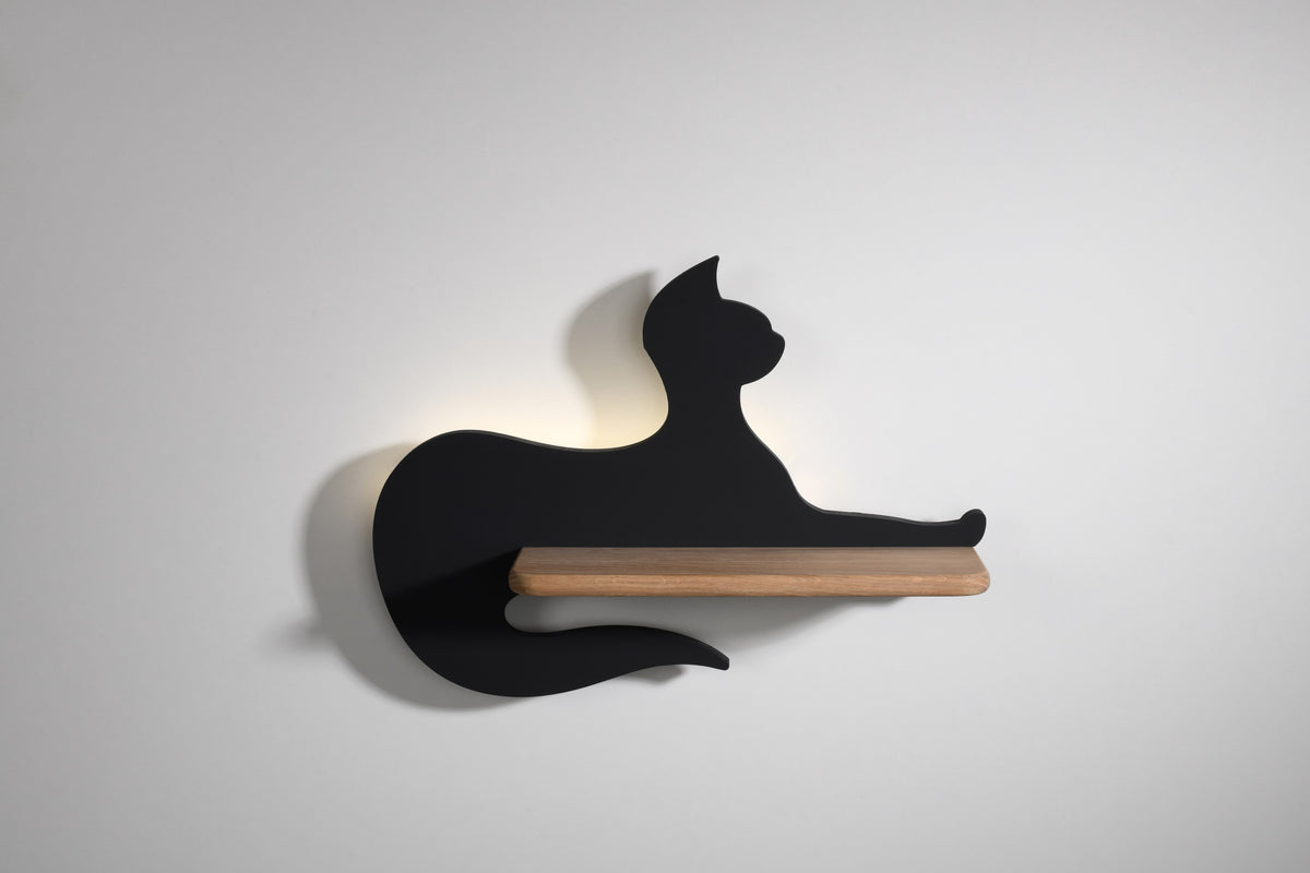 Applique murale LED Cat pour chambre d'enfant noire, bois, L 36,3 cm