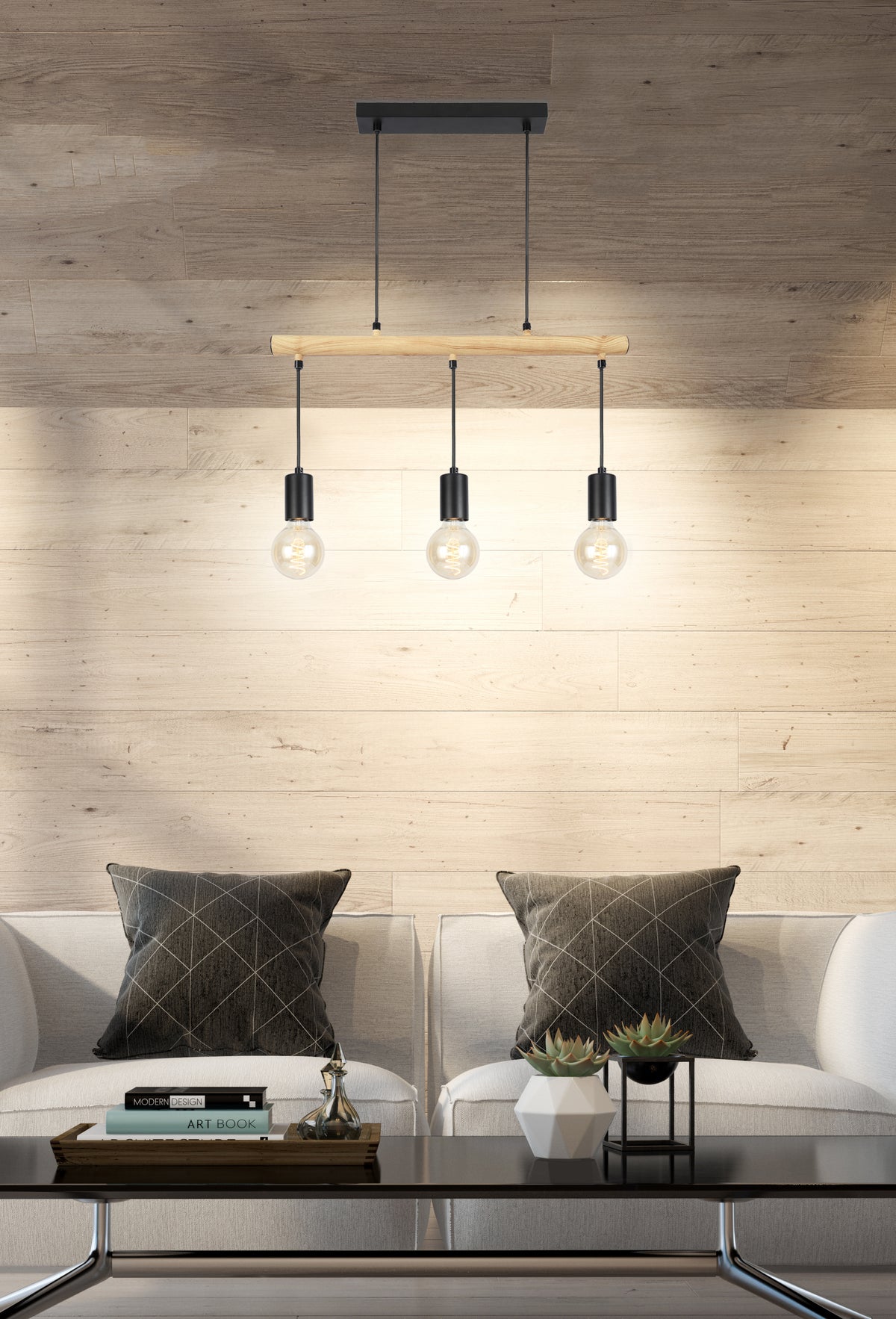 Détail de l'éclairage chaleureux projeté sur le mur bois par la suspension noire
