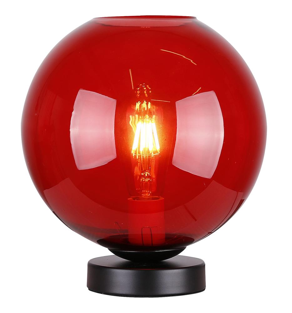 Version rouge translucide du globe, culot et socle noir visibles de face