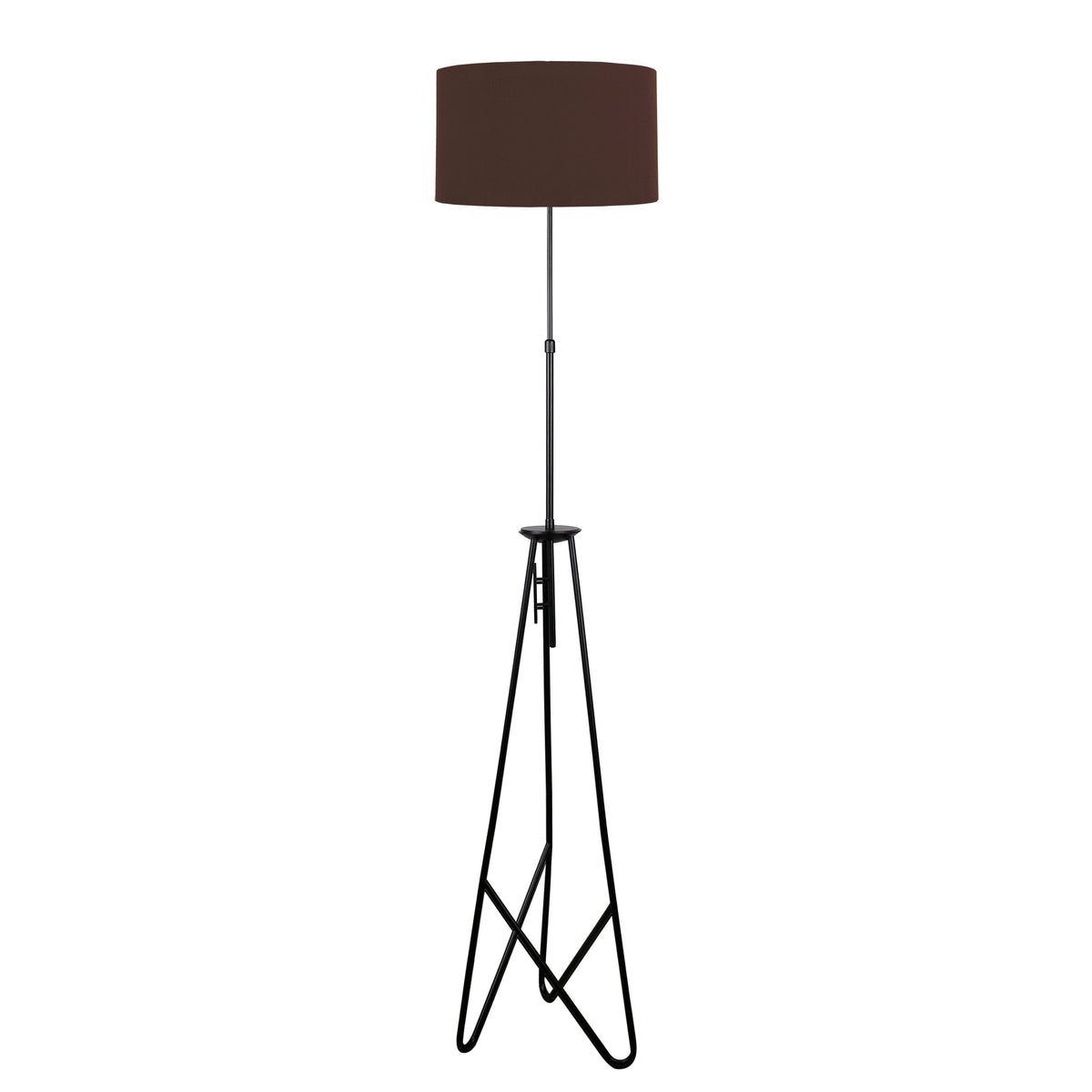 Vue de face du lampadaire à trépied, abat-jour cylindrique foncé et tige noire