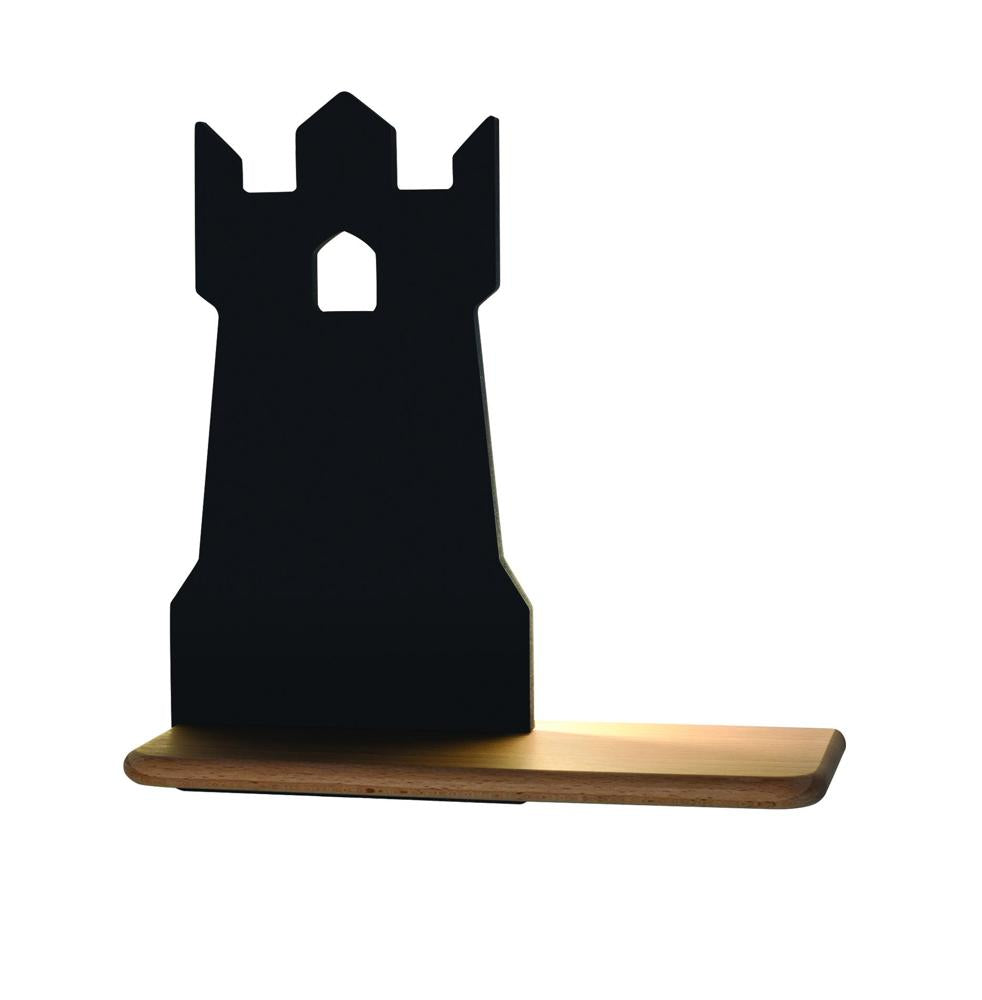 Version noire du luminaire présentée de face sur fond blanc, étagère chêne clair