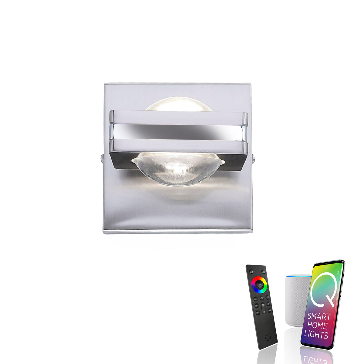 Même applique murale présentée avec télécommande, enceinte connectée et smartphone pour pilotage.