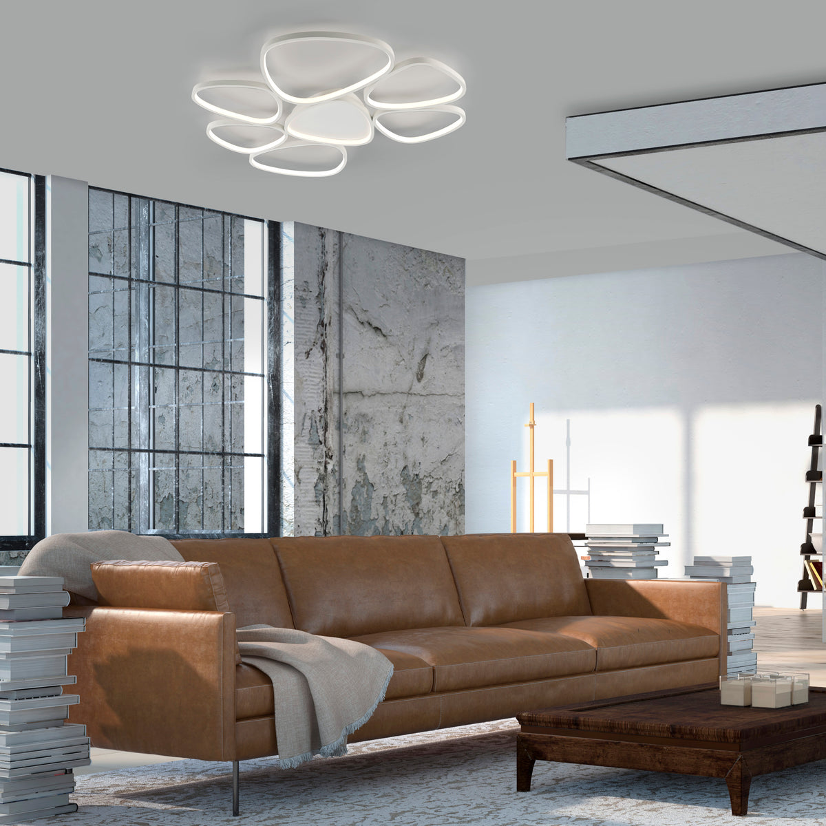 Mise en ambiance du plafonnier allumé dans un salon au style industriel