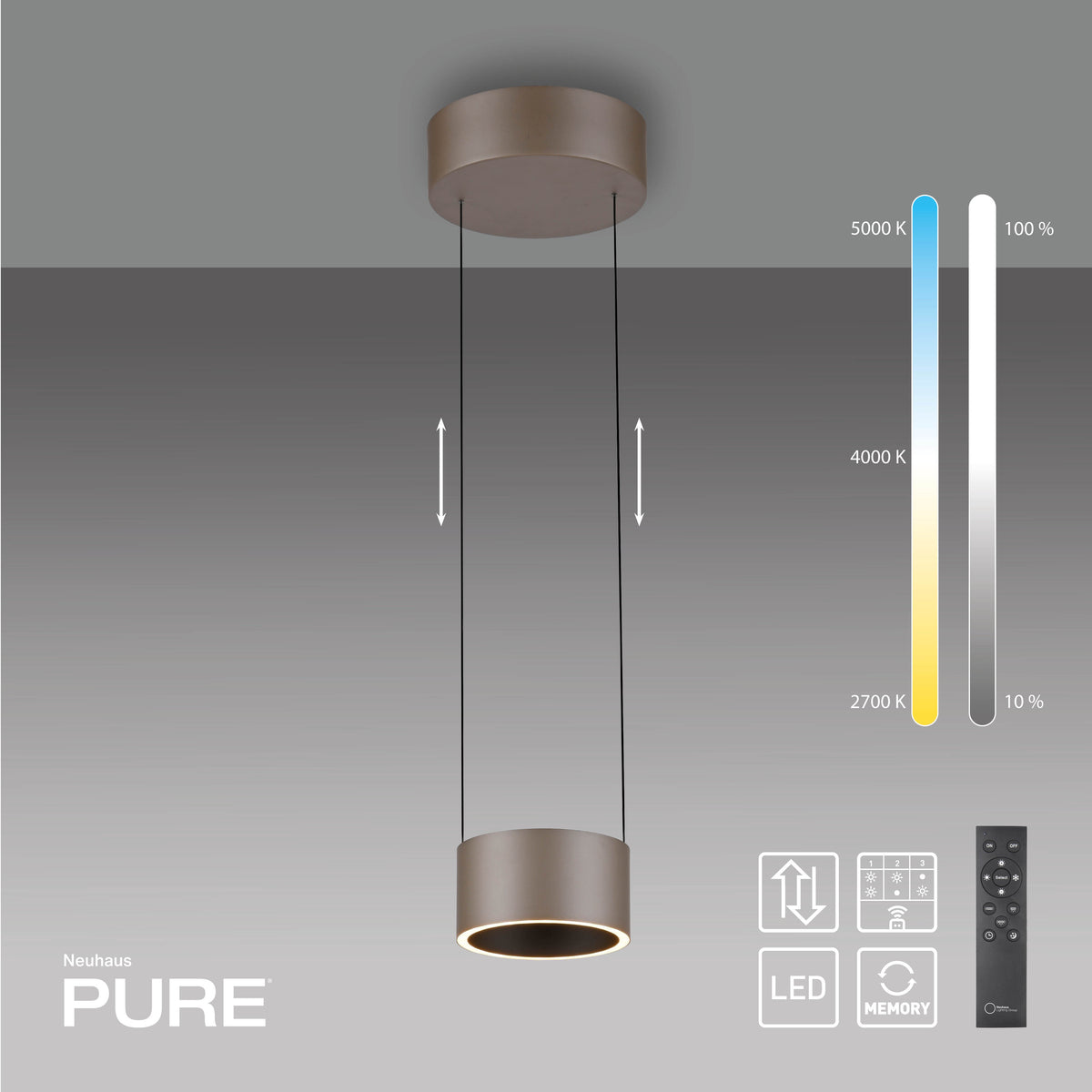 Schéma du luminaire avec télécommande, réglages de 2700 à 5000 K et intensité variable.