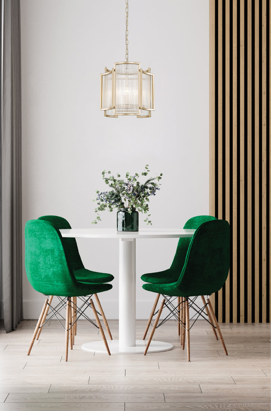 Vue en situation dans une salle à manger moderne, suspension allumée