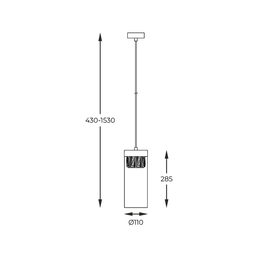 Schéma technique coté du luminaire avec hauteur réglable et diamètre du cylindre.