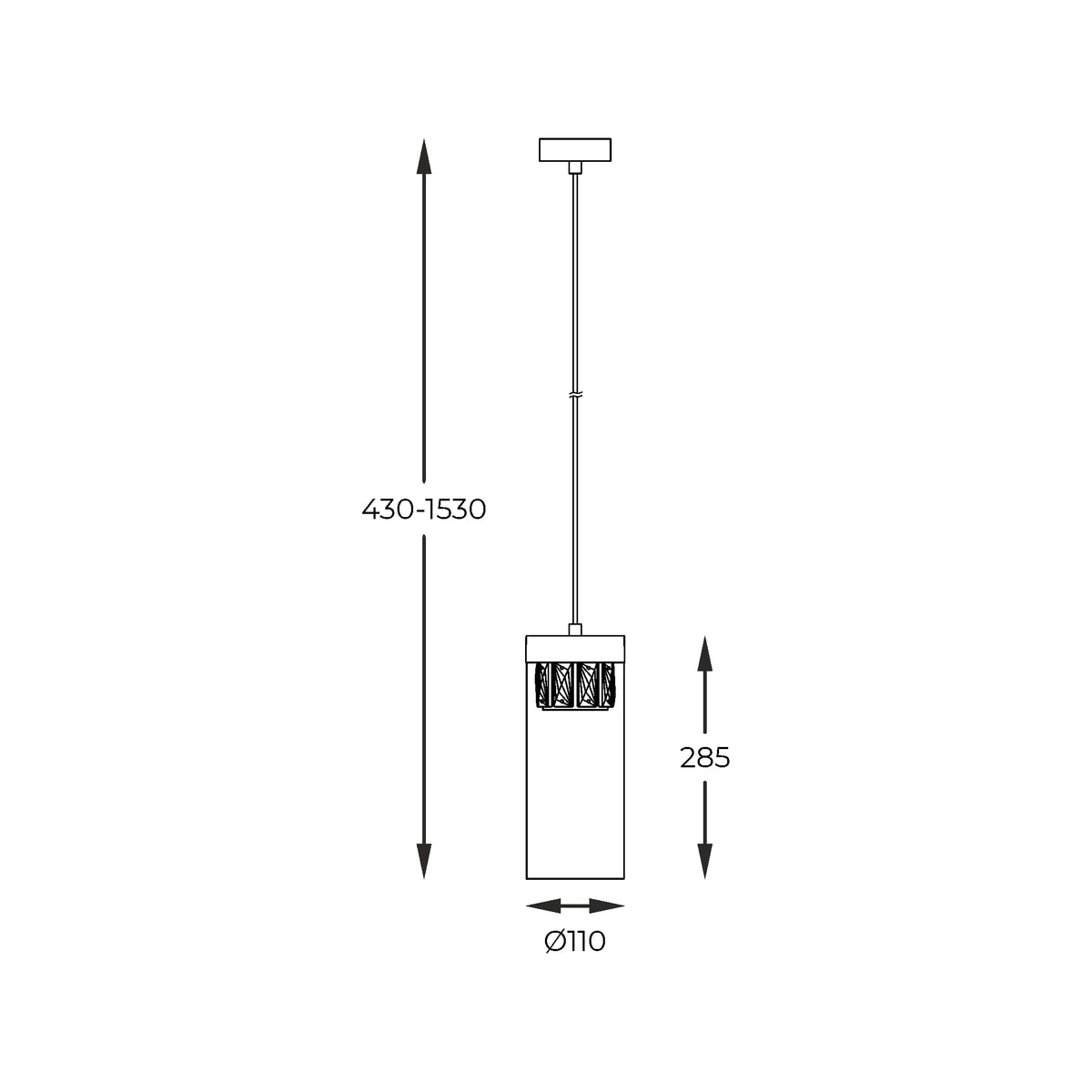 Schéma coté du luminaire : hauteur réglable 430 à 1530 mm, diamètre 110 mm