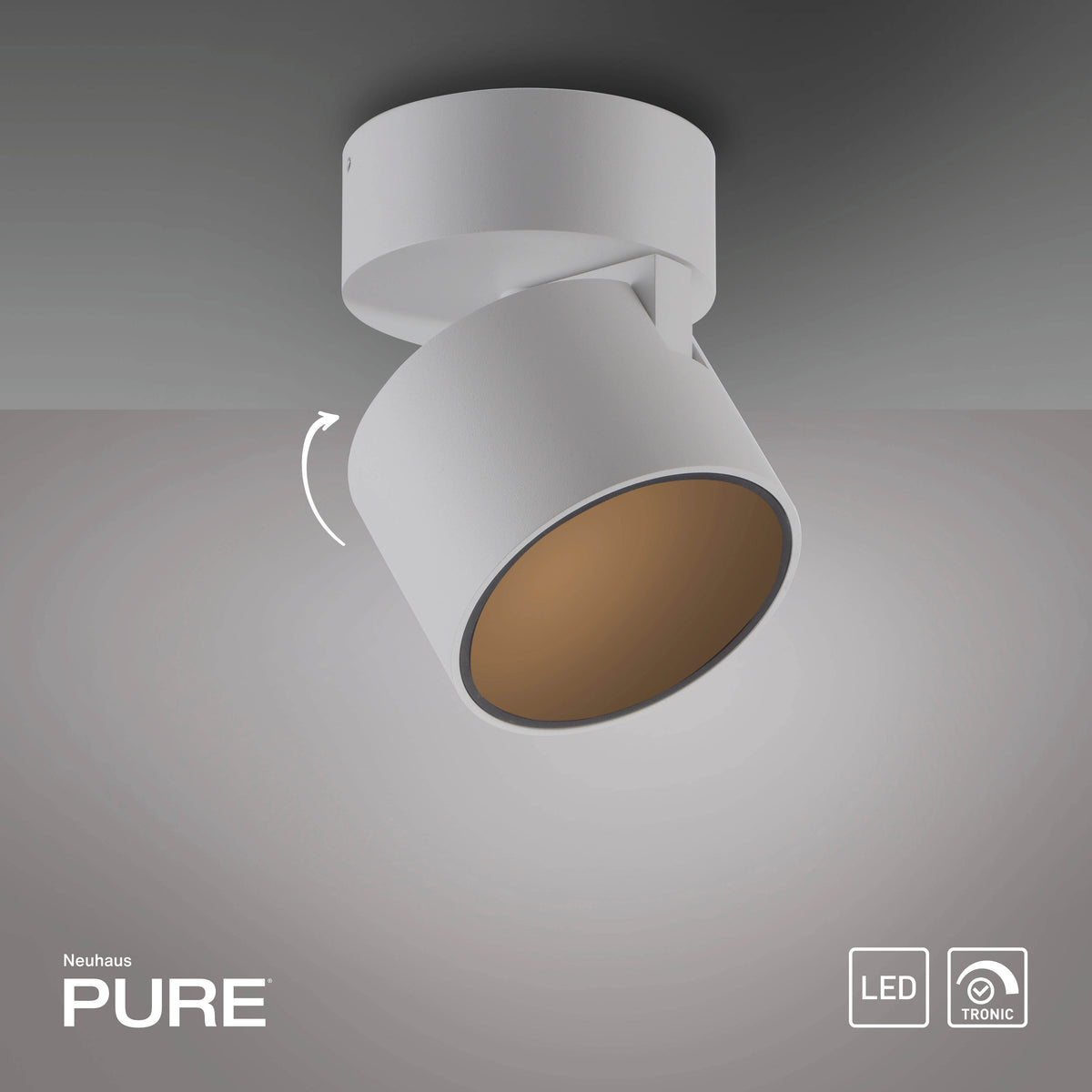 Vue de trois quarts avec flèche de rotation et pictogrammes LED et variateur.