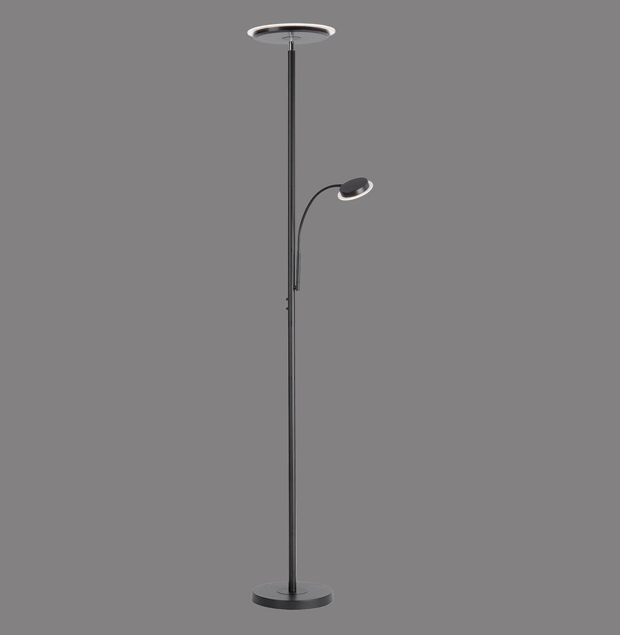 Lampadaire noir de face sur fond gris, fût cylindrique et tête plate orientable