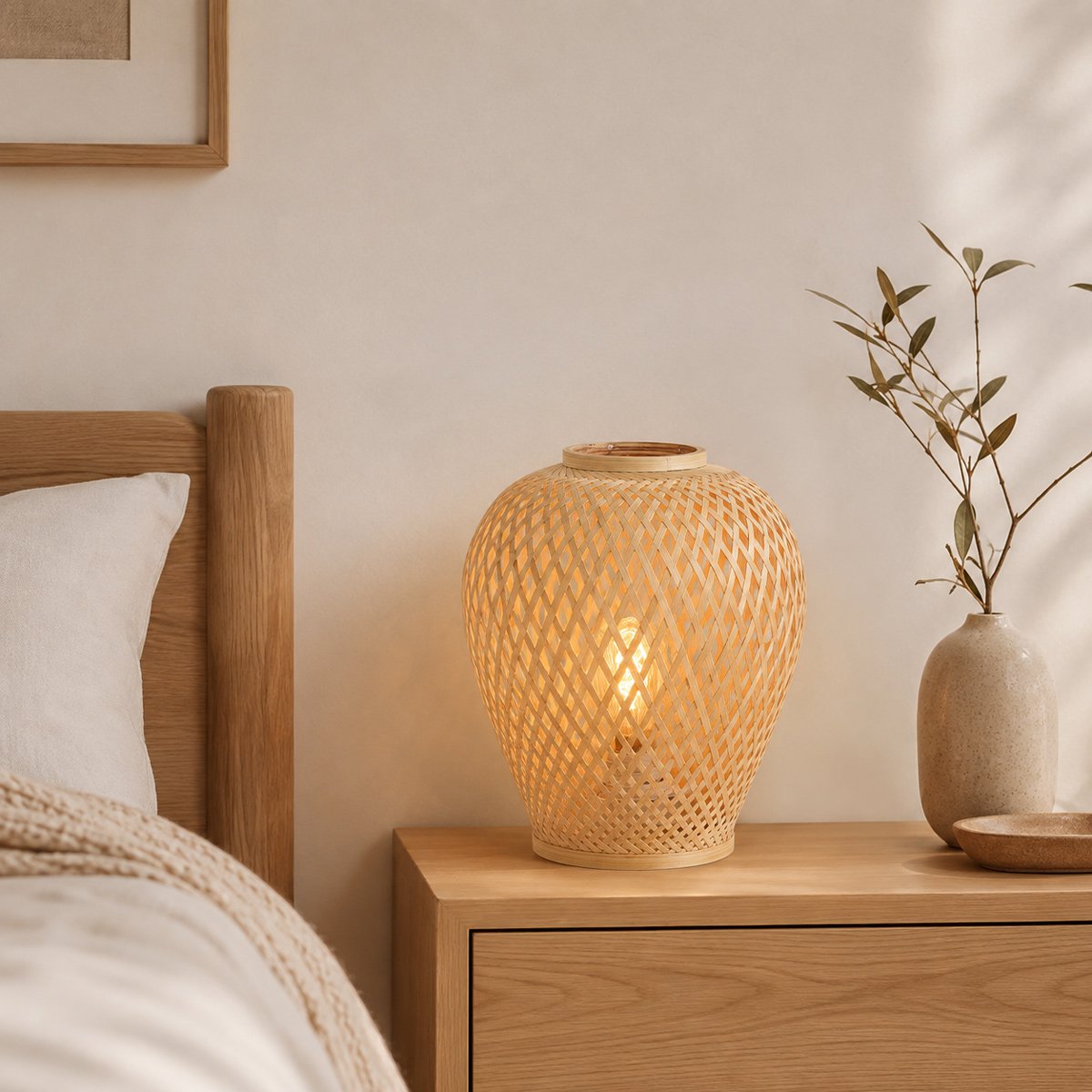 Lampe de chevet bambou tressé, lumière tamisée pour chambre cosy | Maze