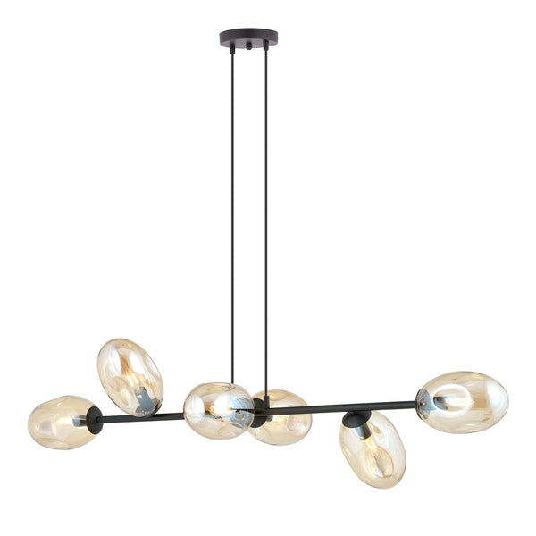 Pandora 6-light pendant lamp, black, amber glass