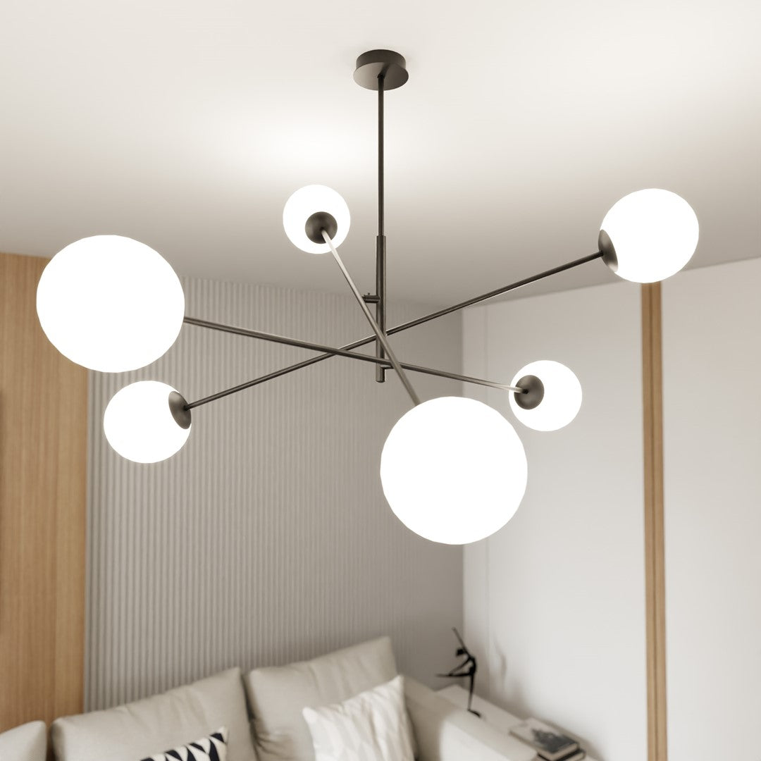 6-light black linear pendant, opal glass